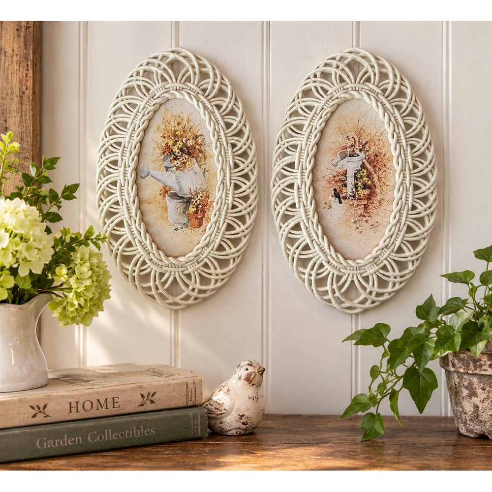 Vintage Burwood Gregory Messier Faux Wicker Wall Plaques Set of 2 Cottagecore